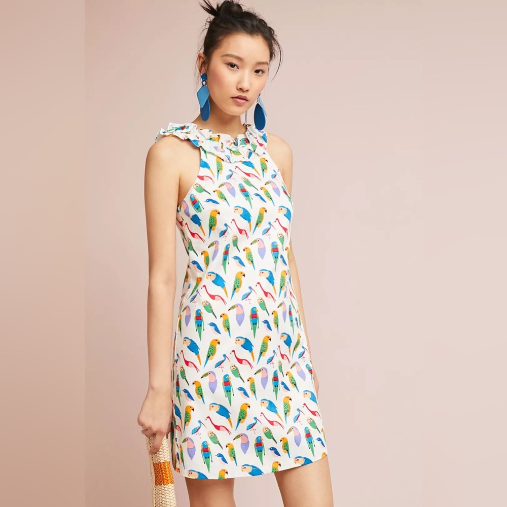 NWT *ANTHROPOLOGIE* Shift Dress by *LARKE* … 🦜PARROT🦜 Motif … Size: M